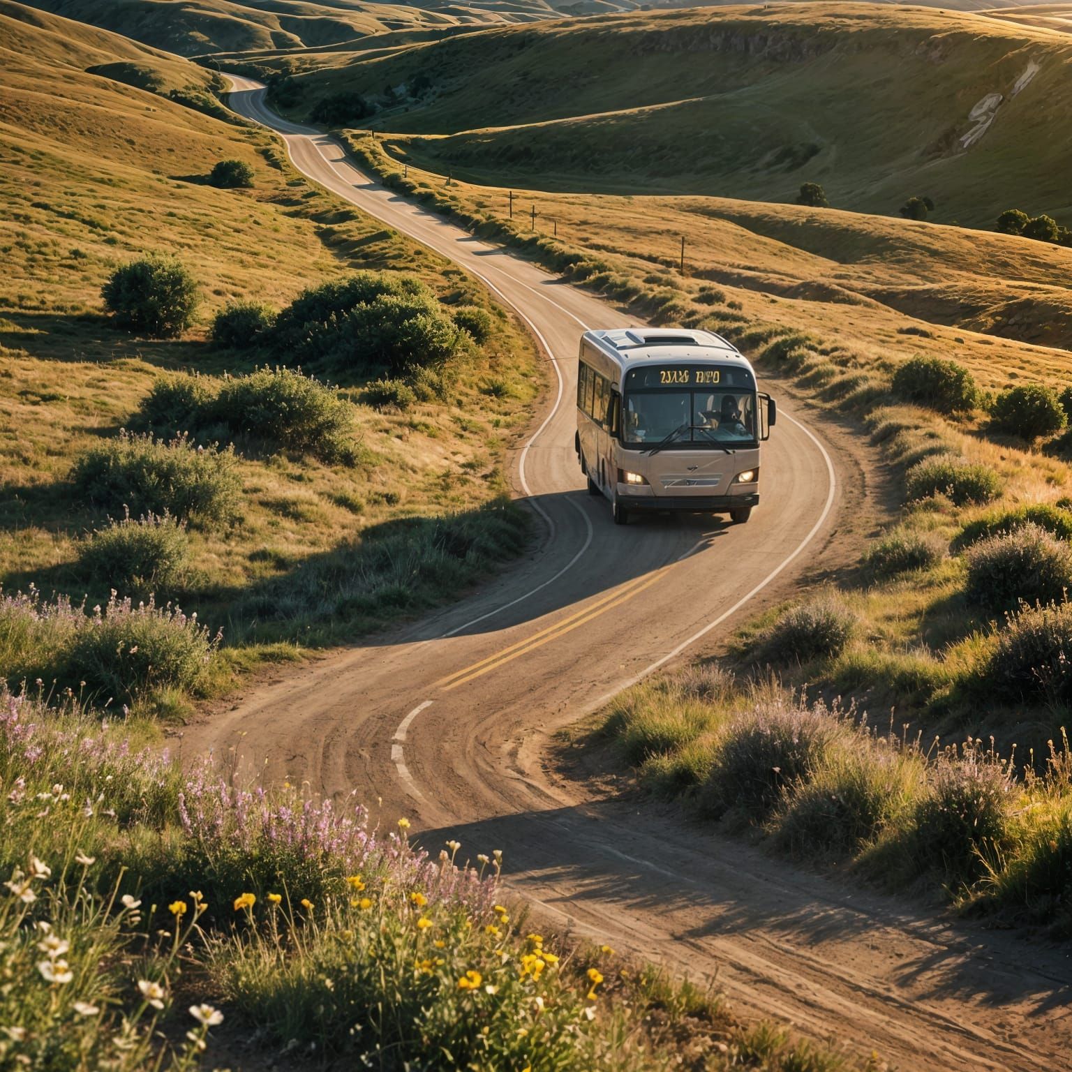 Volvo Bus at Scenic Overlook with Wildflowers