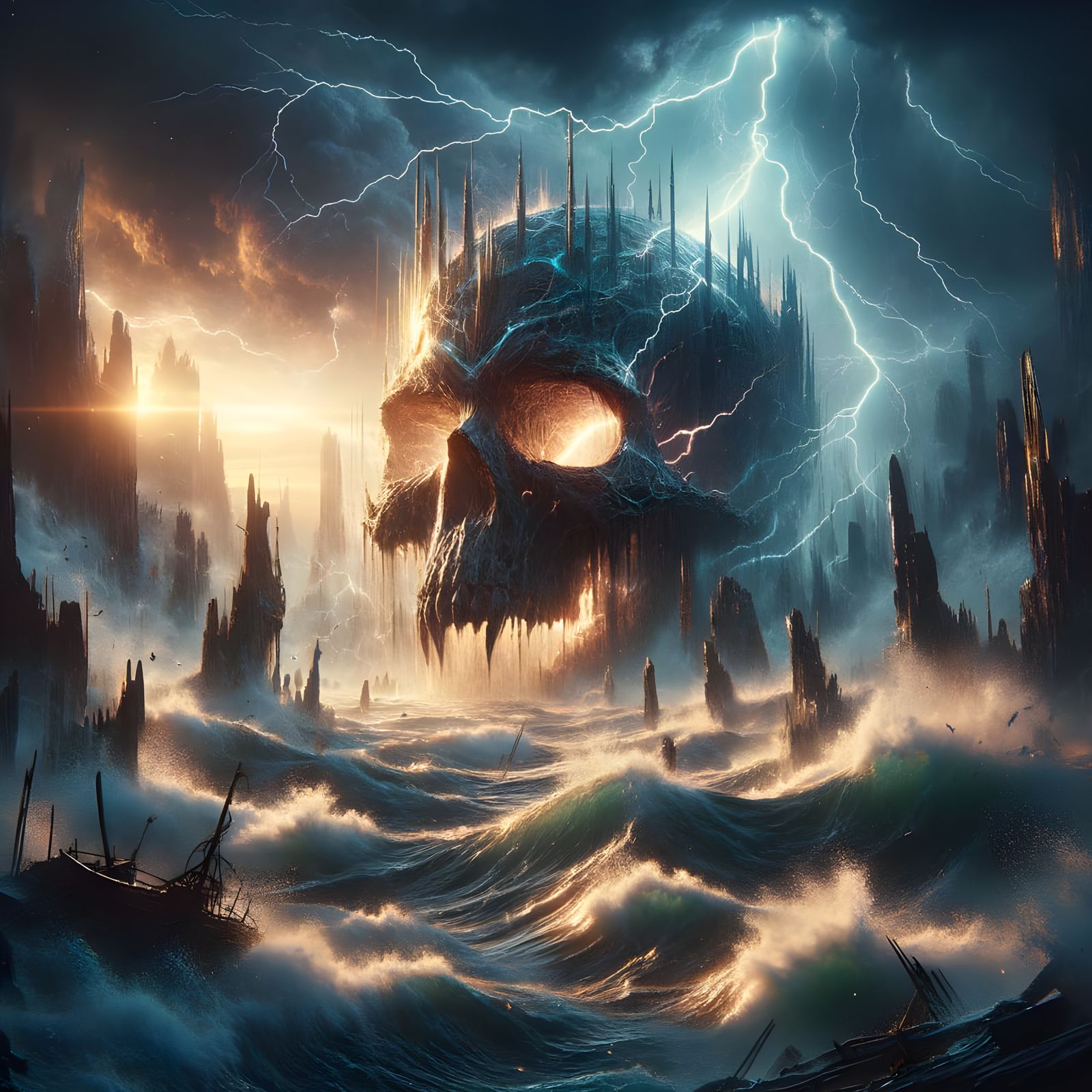 Doomsday Skull in Lightning Storm: 5D Rendering