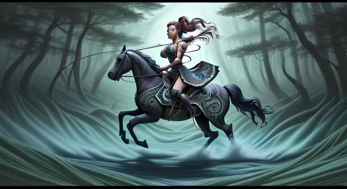 female archer warrior hunting in the forest on a horse with a bow and arror, deep colour, hyperrealism, fantasy concept ...