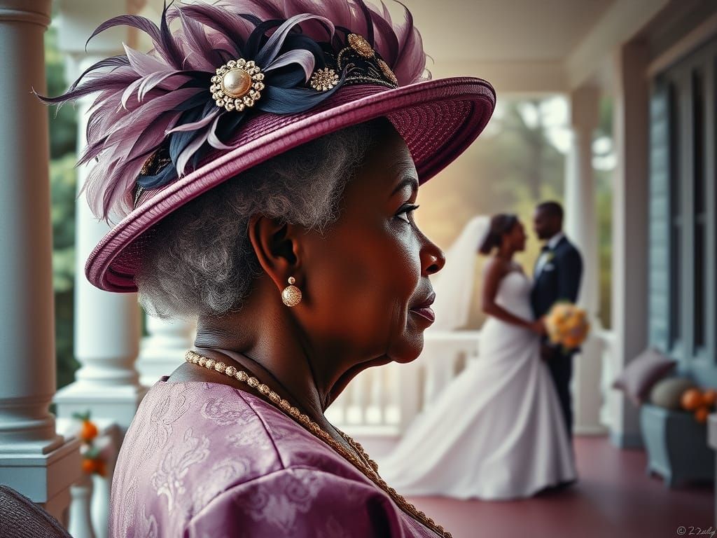 Elegant Elder Embraces Joyful Couple in Double Exposure Port...