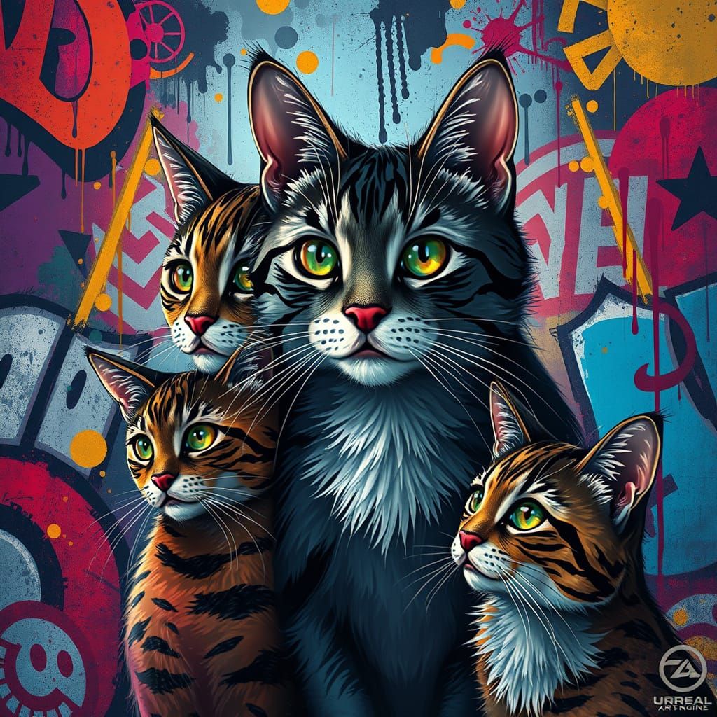 Whimsical Cats in Vibrant Graffiti Portrait