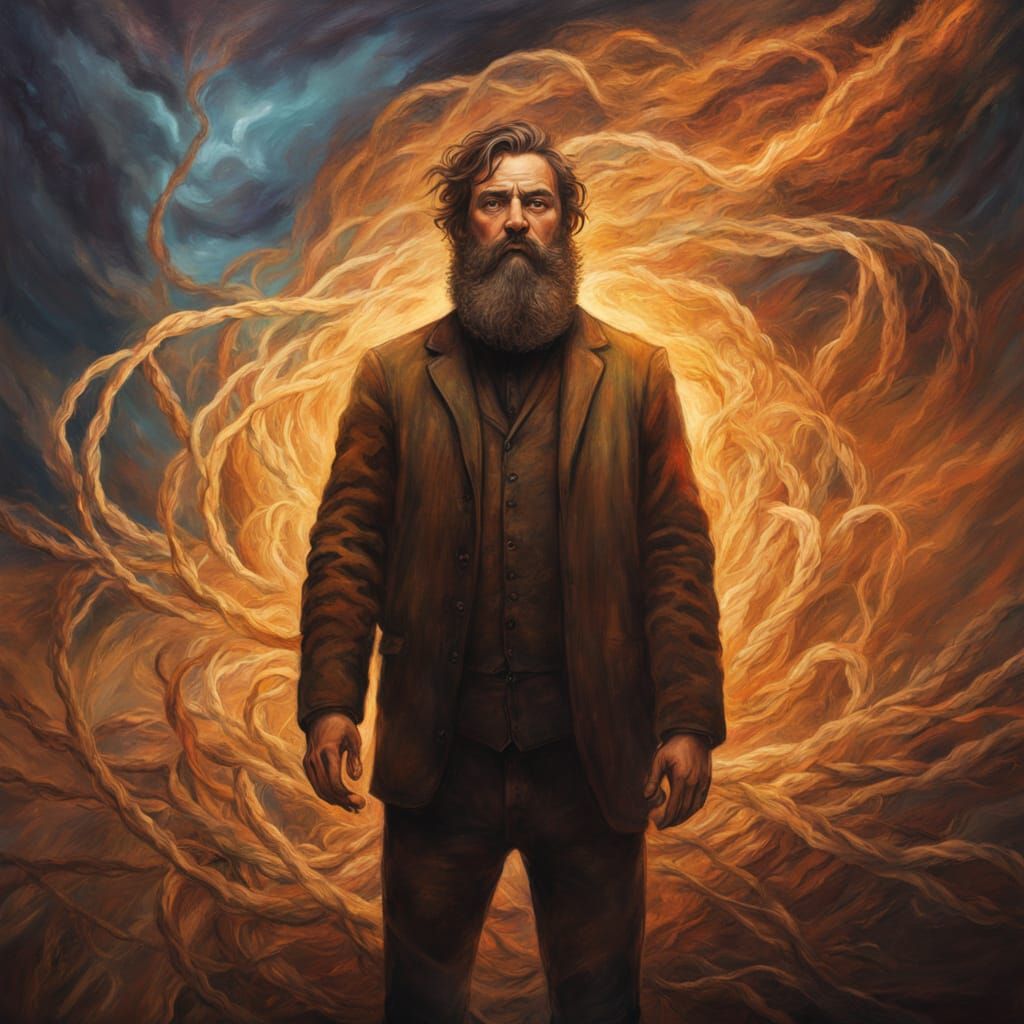 Man Ascending in Surreal Oil Painting Style