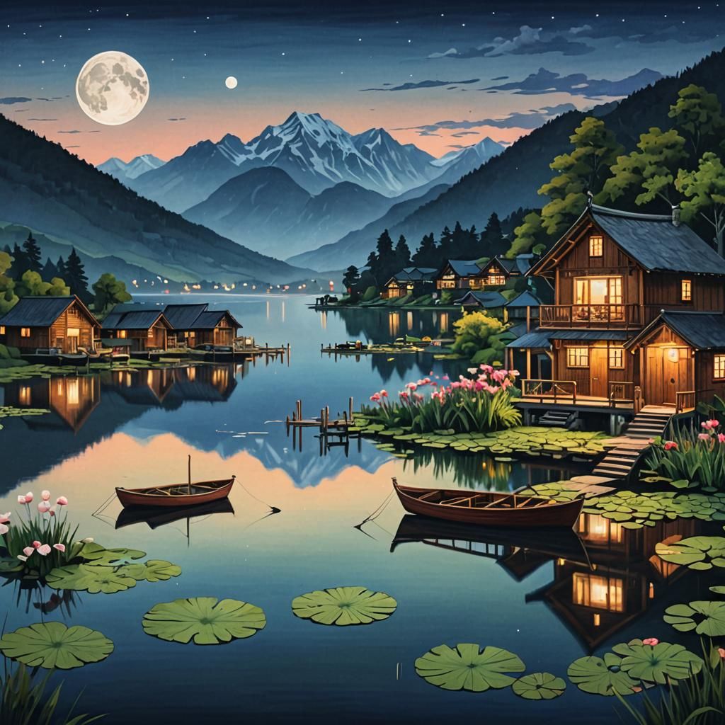 Tranquil Night Scene: Wooden Houses by Calm Lake
