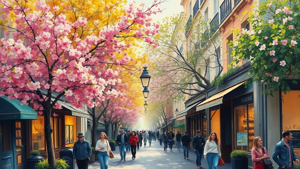Parisian Shopping Street in Spring, Post-Impressionist Style