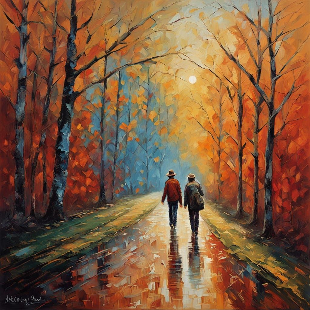 Traveler Approaching Radiant Light in Neo-Impressionist Styl...