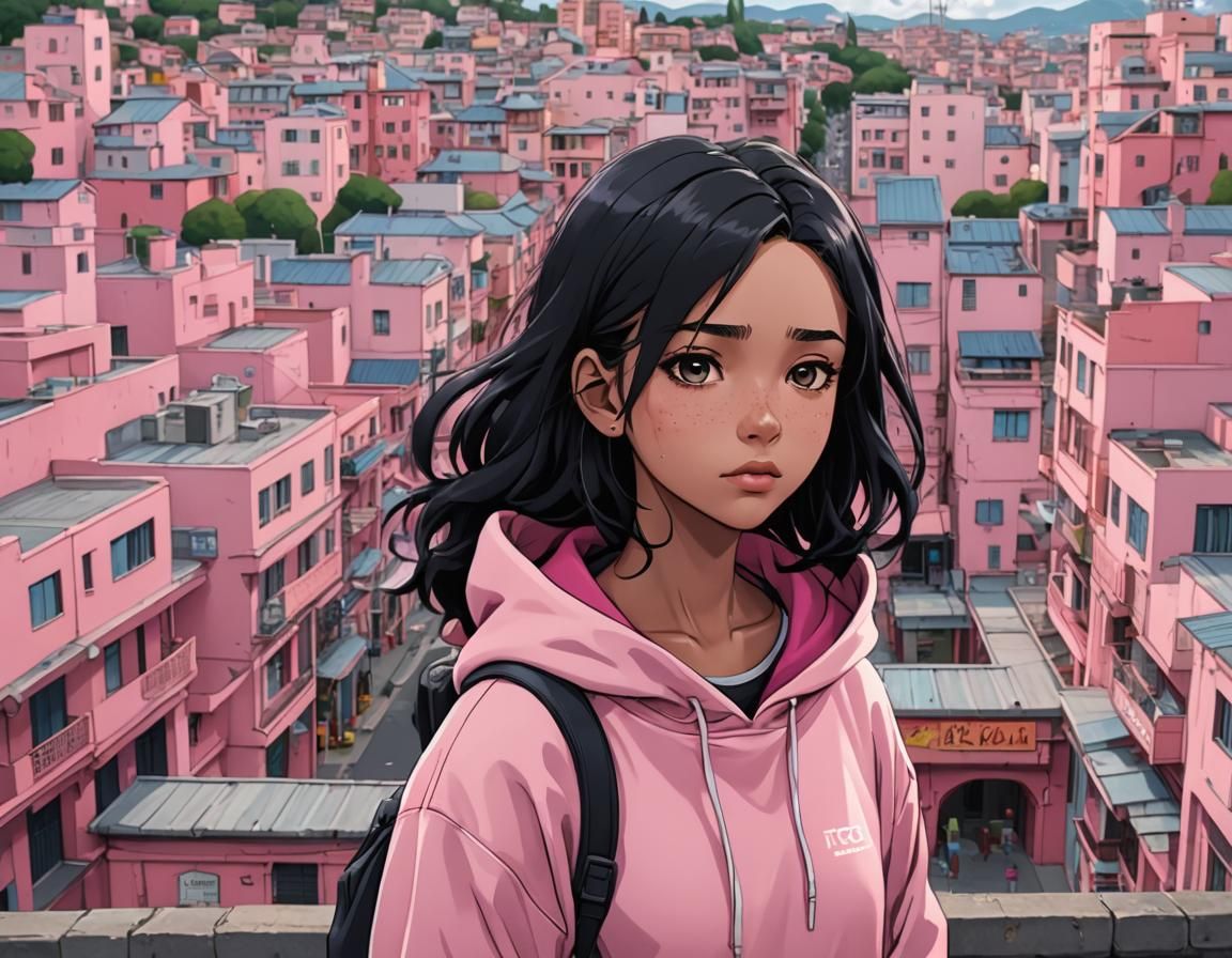 Ultra Realistic Anime Pink City with Girl