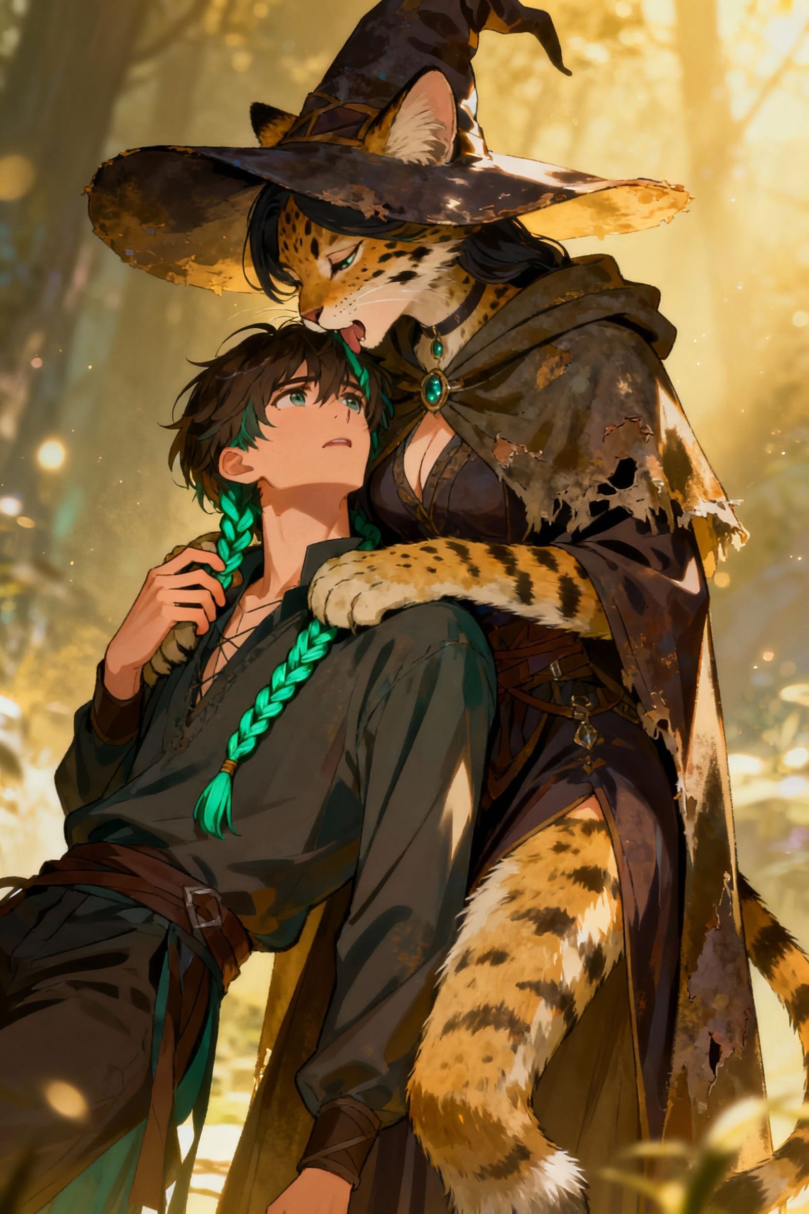 Enchanting Anime Scene: Lynx Woman Embraces Man