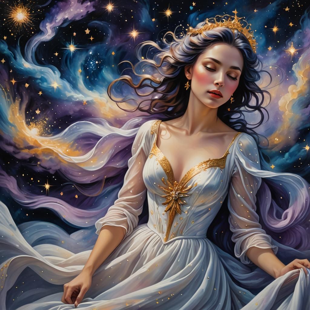 Ethereal Woman in Starry Night Sky, Airbrush Art