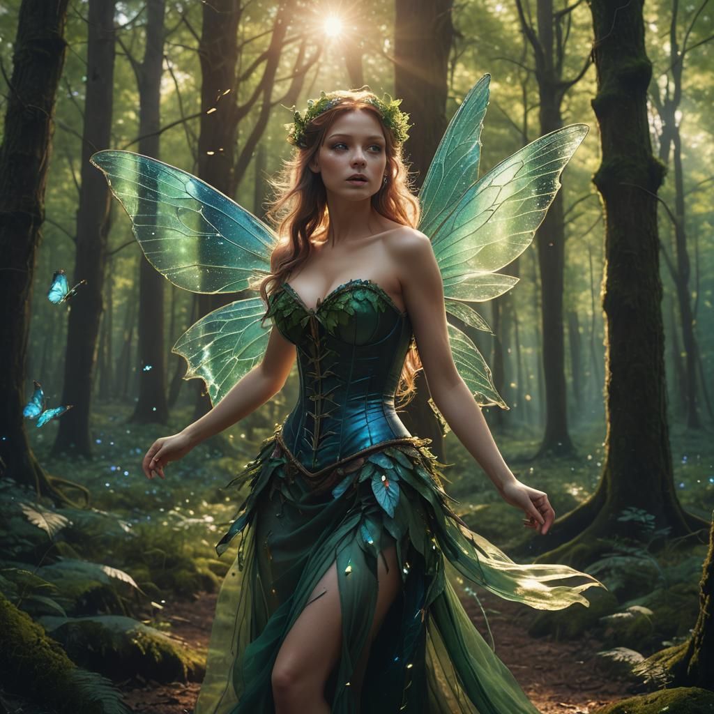 Woodland Fairy Runs Through Forest: Cinematic Digital Painti...