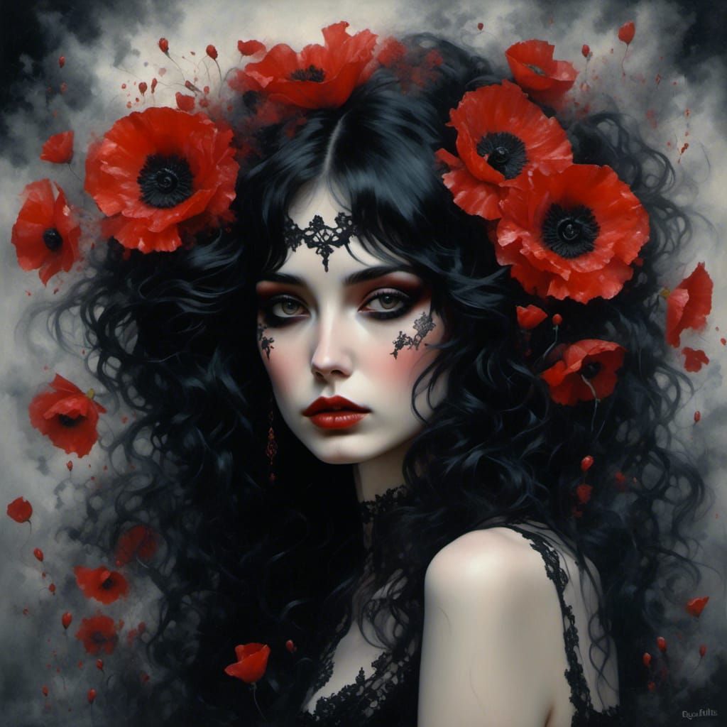 Gothic Woman with Poppies in Romantic Darkness Style