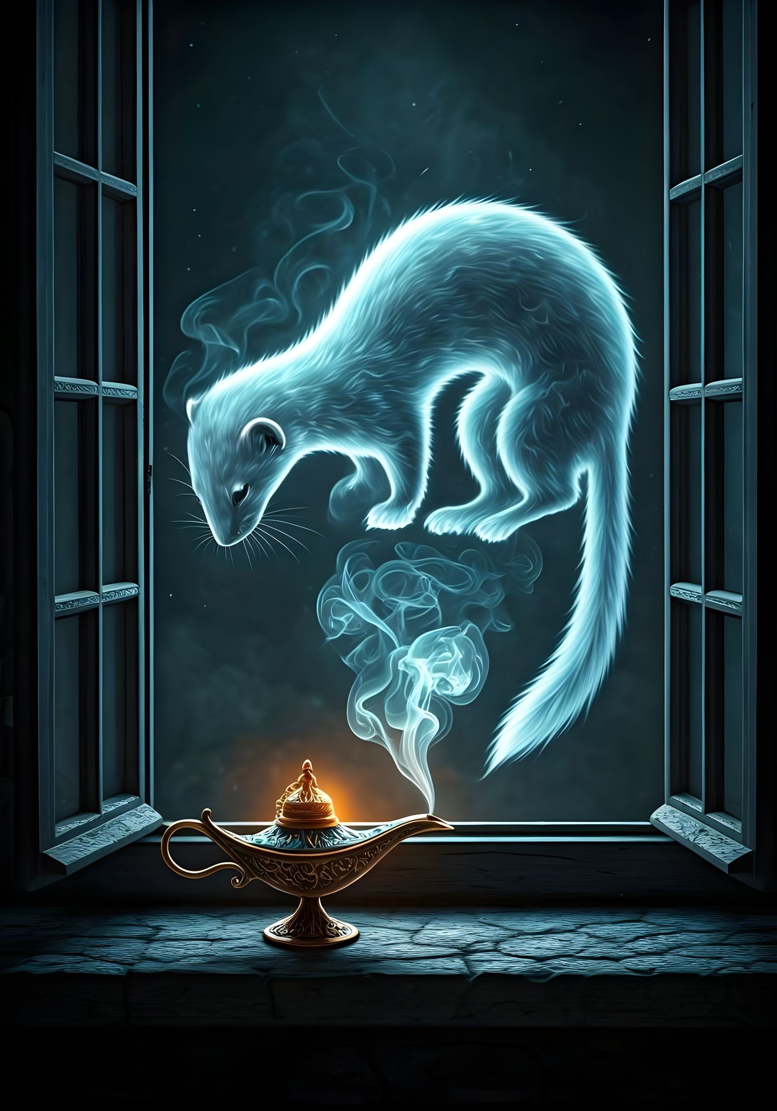Ethereal Smoke Ermine Apparition Over Genie Lamp