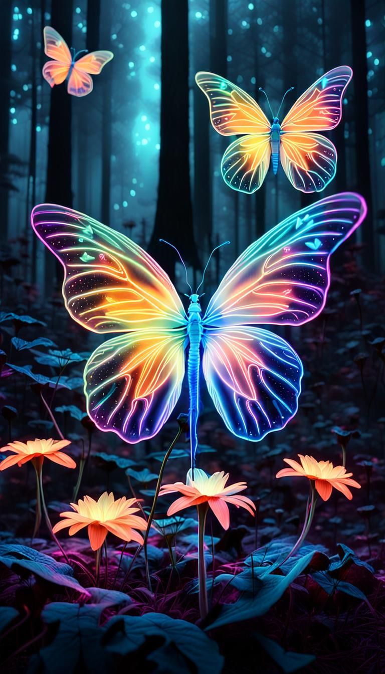 Neon Surrealist Butterflies in Ethereal Forest