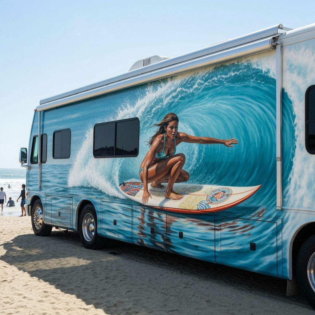 Airbrushed RV on California Beach with Surfer Mural