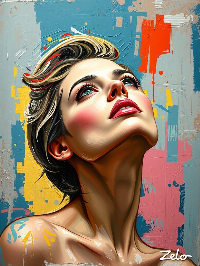 Impasto Oil Painting of a Caucasian Woman with Vibrant Backg...