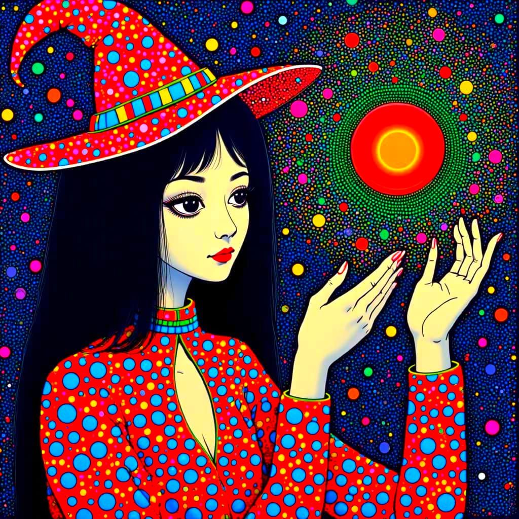 Cosmic Sorceress in Kusama Style Astral Illustration