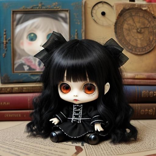 Chibi goth doll by terry runyan, by elise gravel, by sally payne; collage art; mixed media; folk art; altered art;