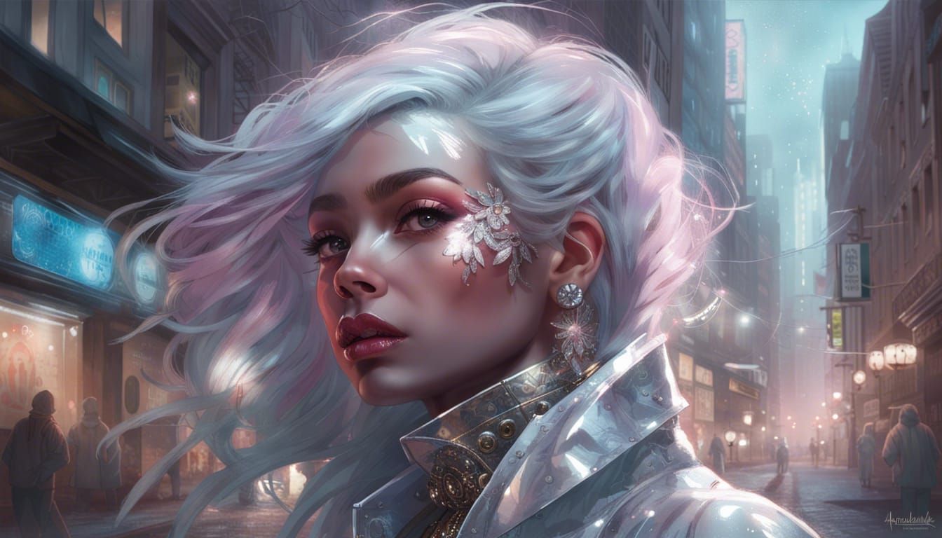 Ethereal Ghost Girl in Glittering Cityscape