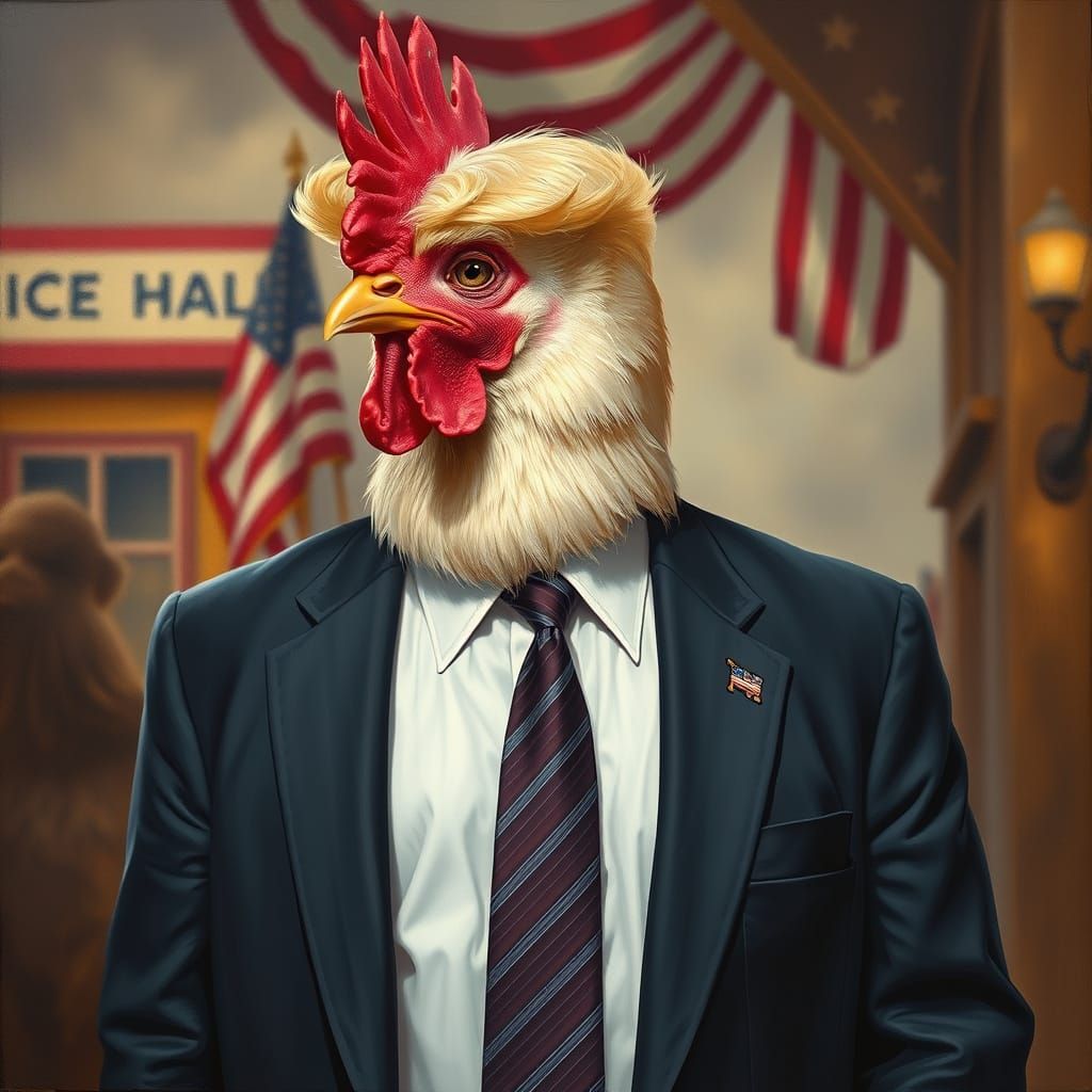 Chicken Trump in Suit, as Oil Painting