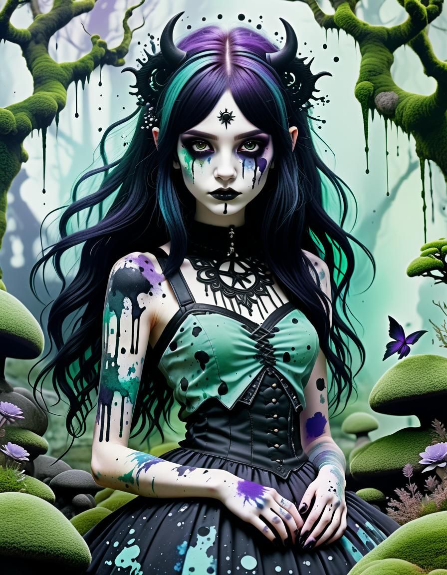 Goddess in Moss Garden with Pastel Goth Ink Splatter