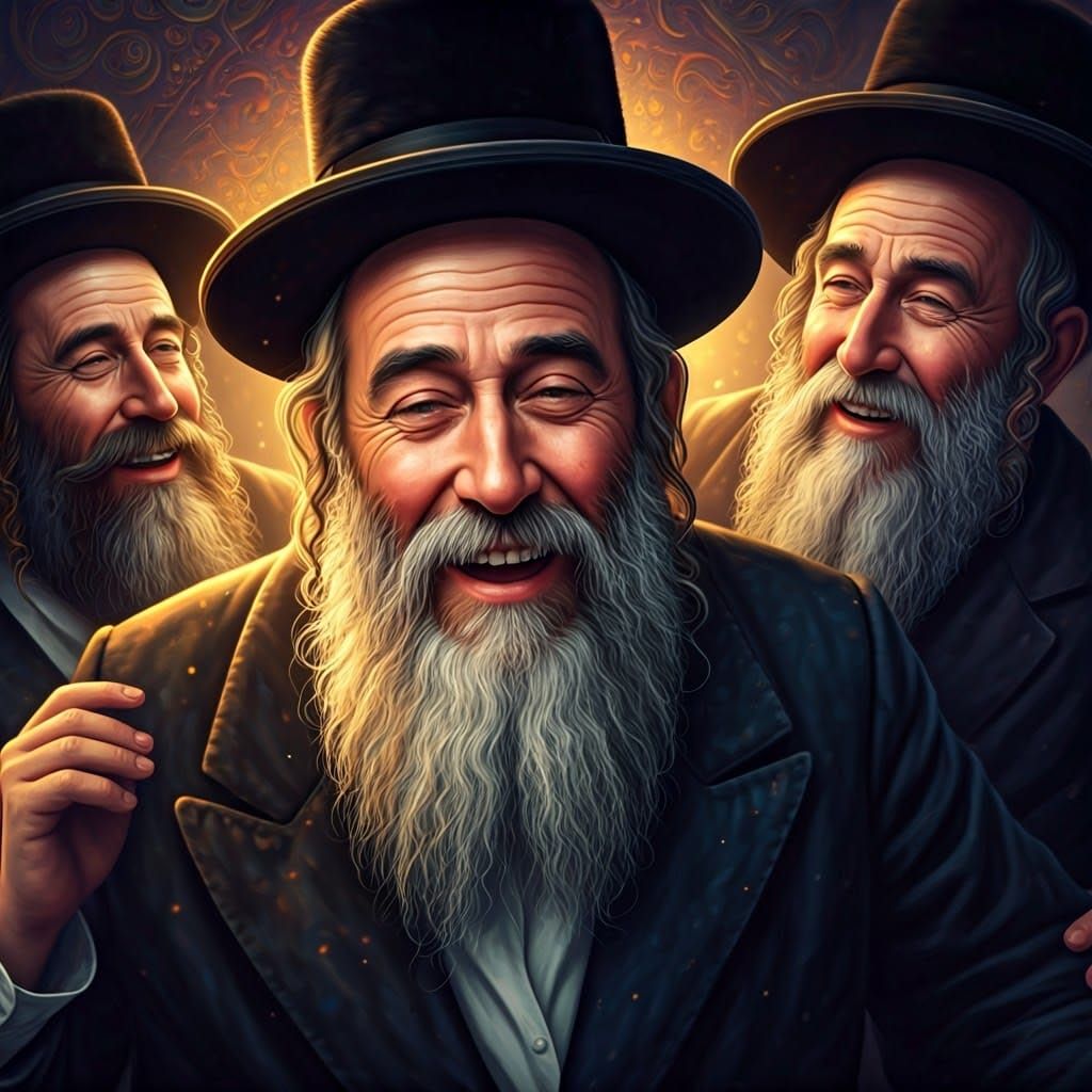 Joyful Hasidic Men Dance in Vibrant Whimsical Realm
