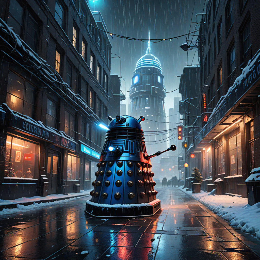 Dalek Christmas in a Cyberpunk Snowscape