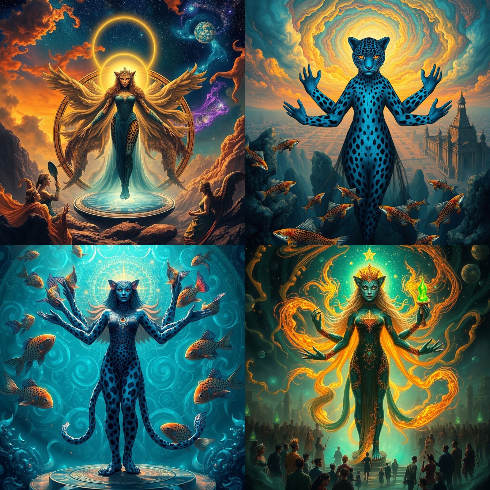 Surreal Six-Armed Leopard Woman in Teal Light