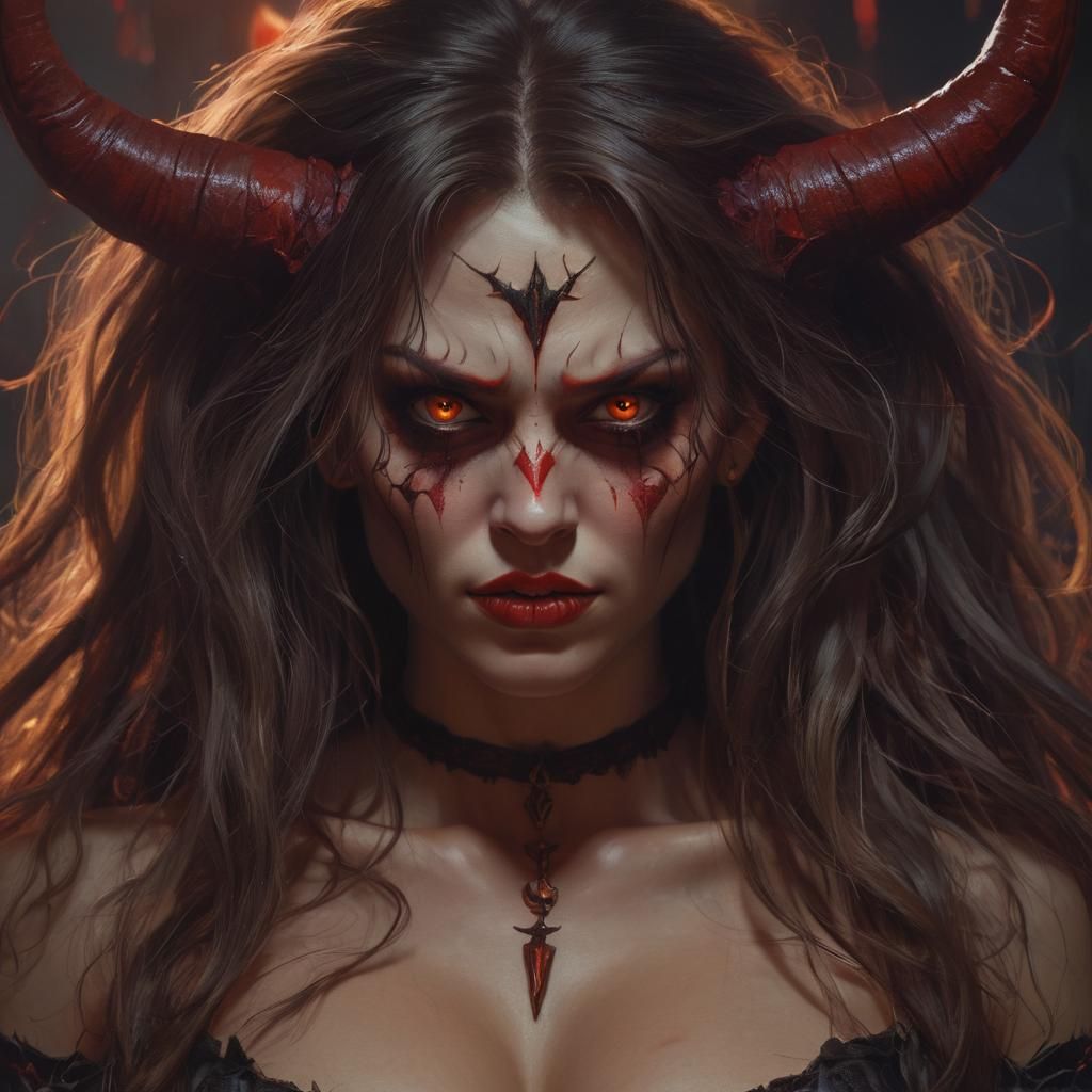 Demon Woman with Red Eyes in Dark Fantasy Art