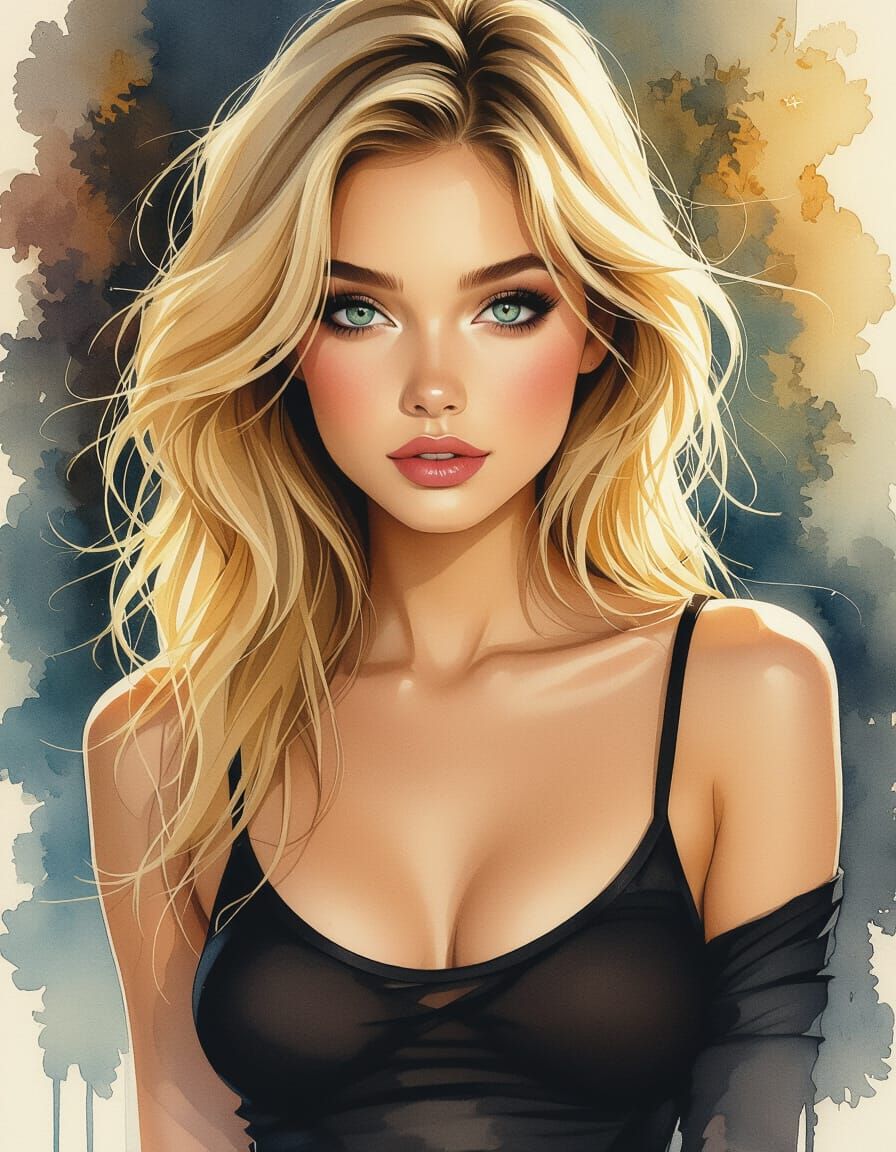 Blonde Woman in Dynamic Pose, Alcohol Ink Art