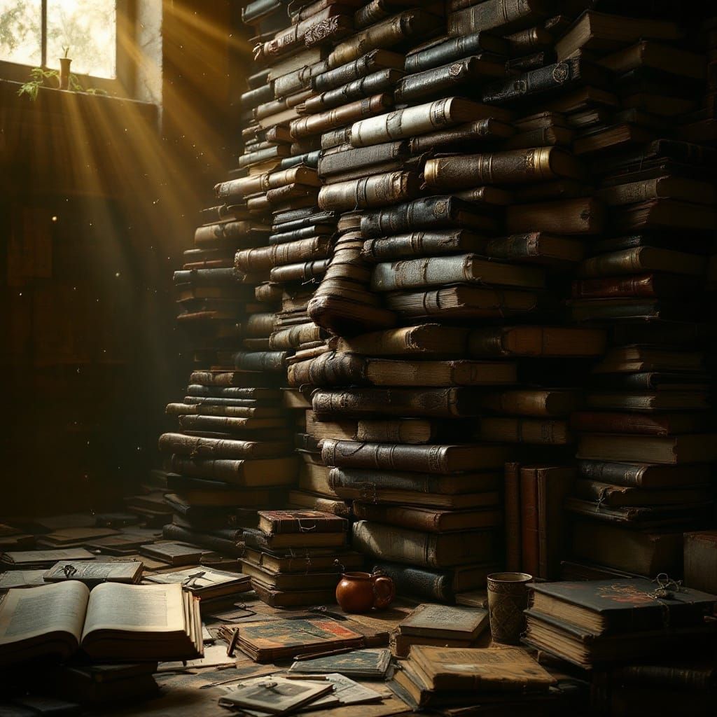 Mysterious Face Crafted from Worn Tomes and Magazines in Oil...