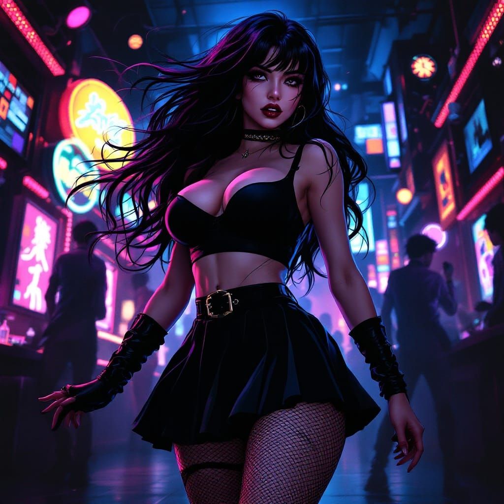 Beautiful bodacious body  thick goth asian girl with curves in black crop top tight short mini skirt fishnets and black ...