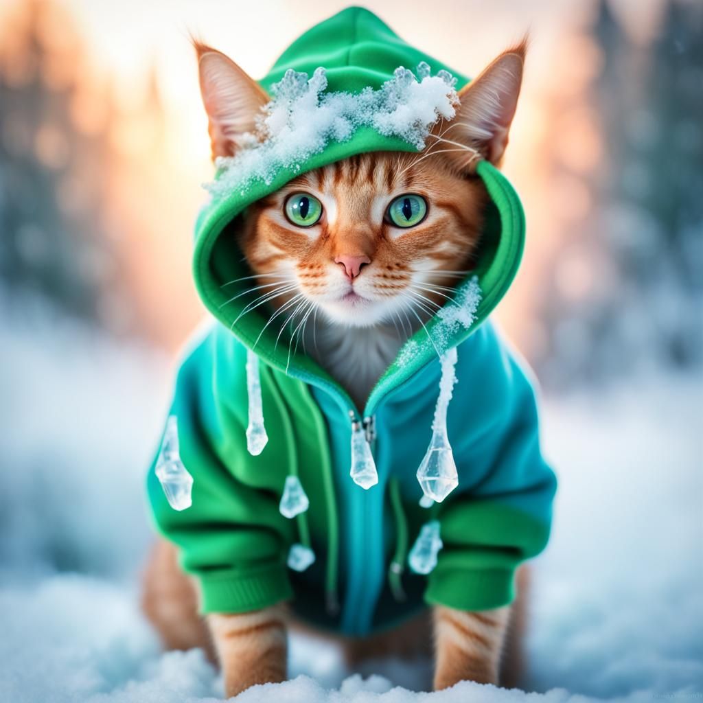 Red-Tabby Cat in Hoodie, Winter Landscape