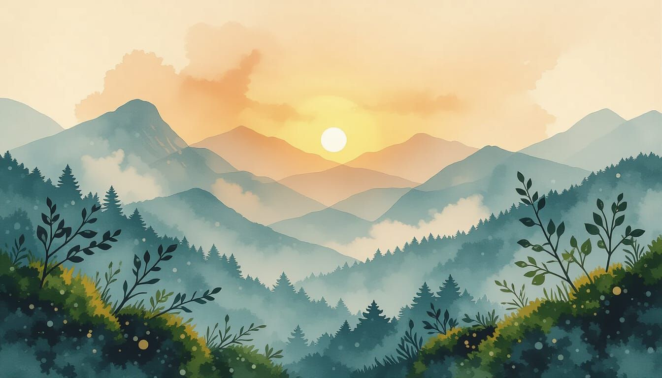 Misty Mountain Sunset in Mixed Media Collage Style