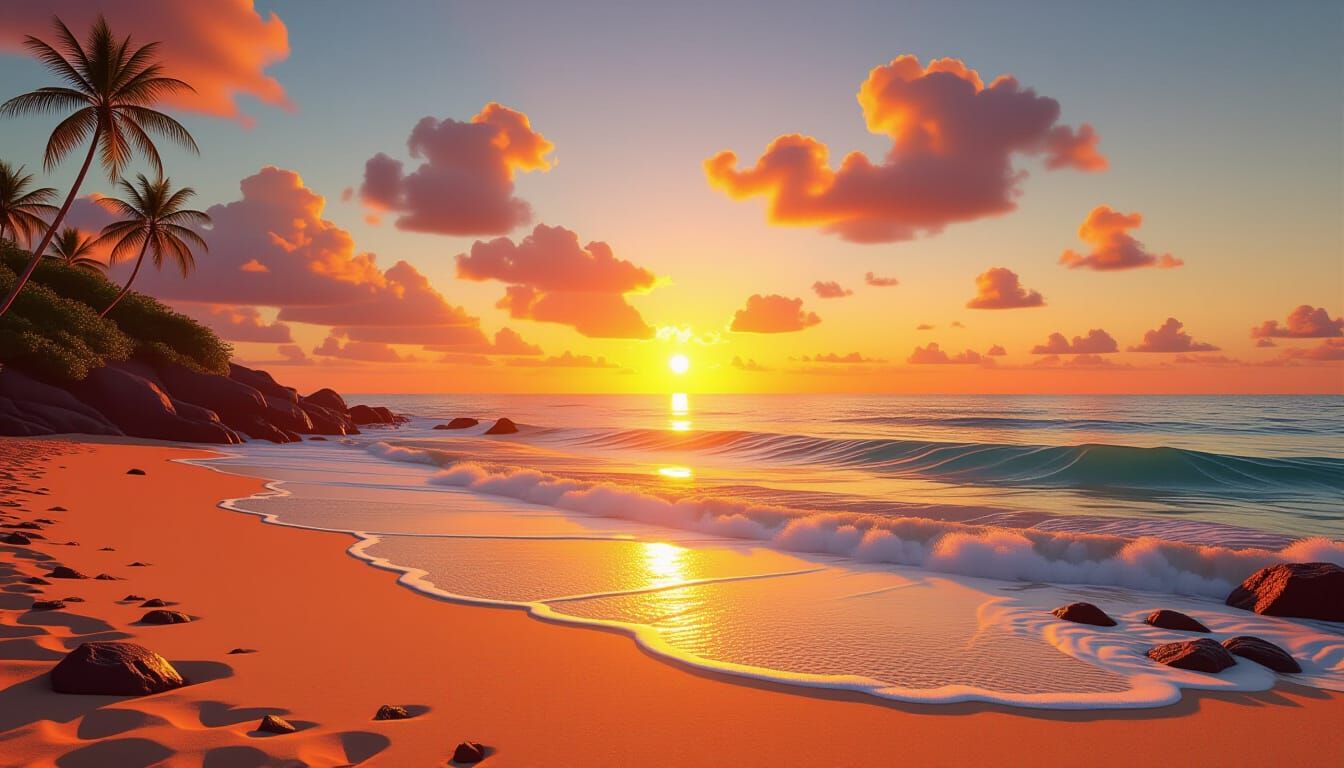 Vivid Orange Sunset Over Ultrarealistic Beach