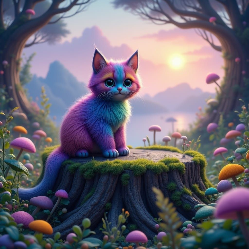 Whimsical Cat in Lush Fantasy Realm