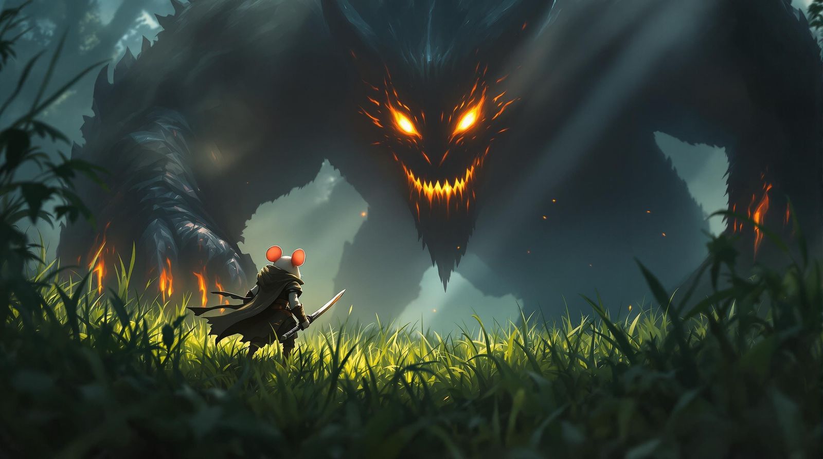 Mouse Warrior Stands Firm Against a Colossal Shadowy Beast i...