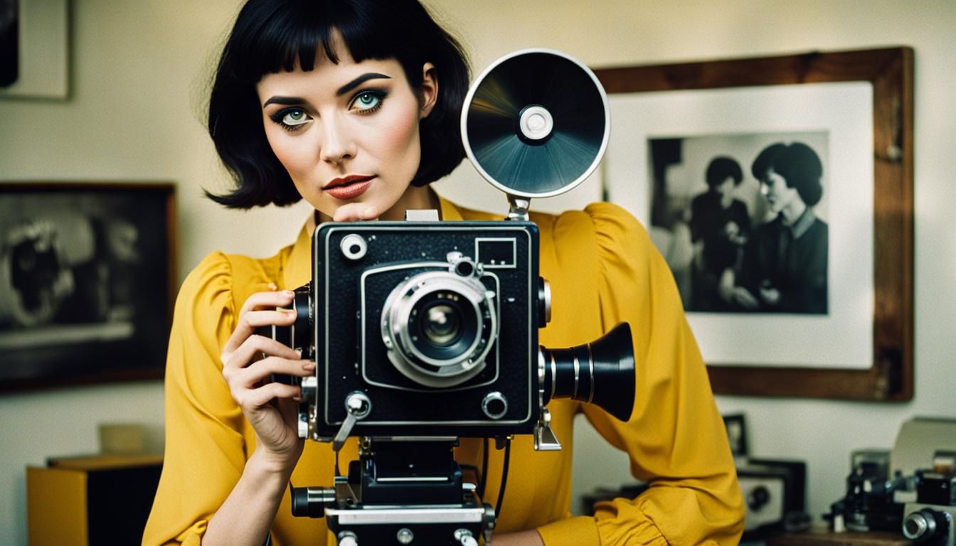 1970s Film Still: Young Woman with Super 8 Camera