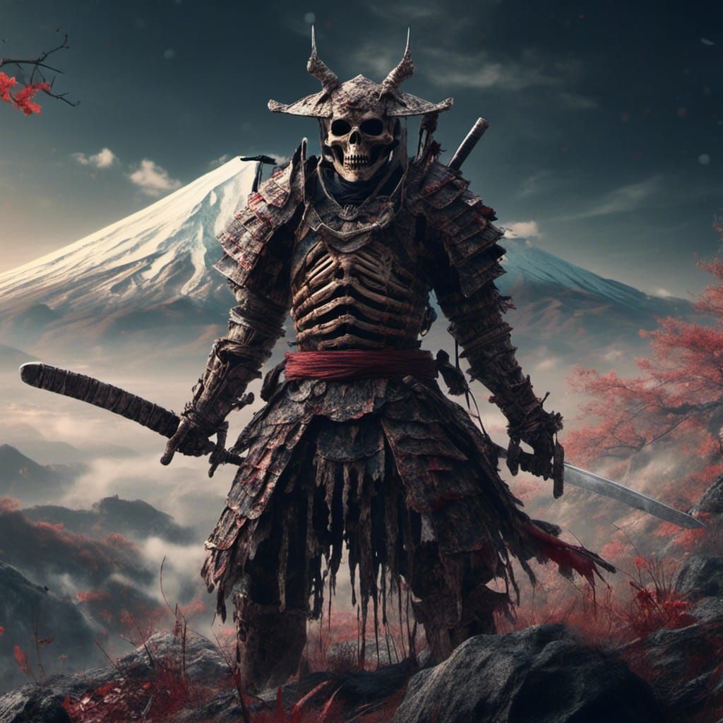 Skeleton Samurai with Mt. Fuji: Fantasy Concept Art
