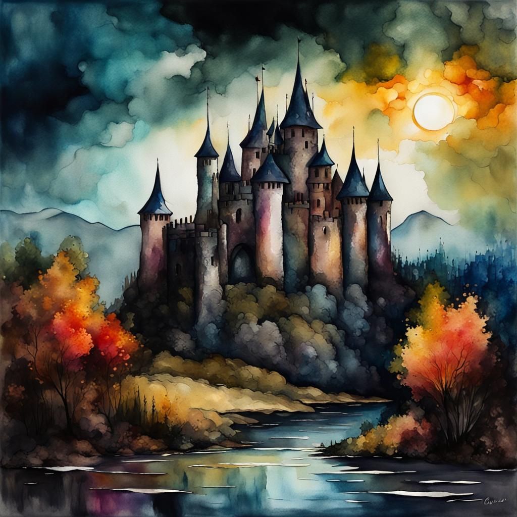 Mysterious Castle Landscape in Gouache and Watercolor