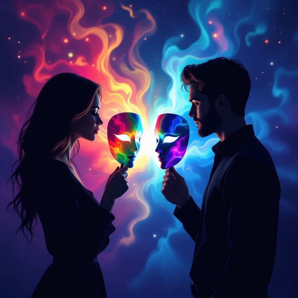 Cosmic Dance: Silhouettes with Light and Rainbow Masks