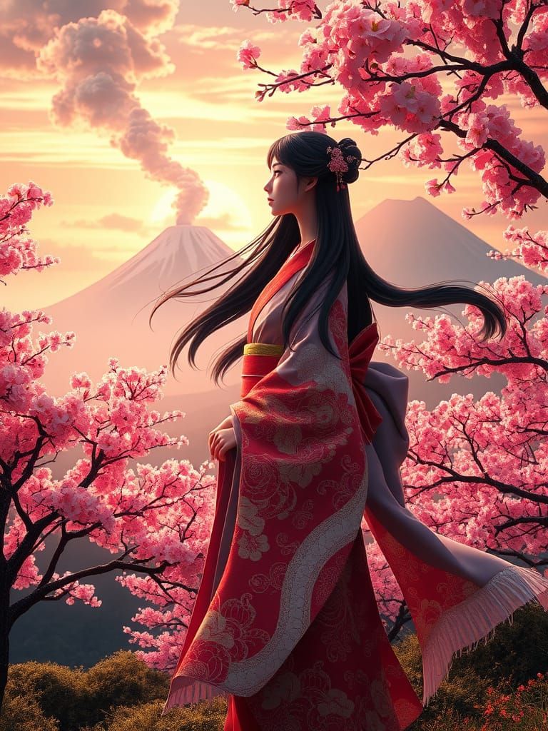 Japanese Goddess Amidst Cherry Blossom Landscape in 3D Anime...
