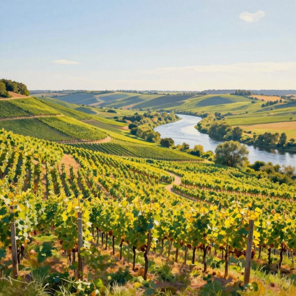 Peaceful Verdant Landscape with River and Vineyards in Lumin...