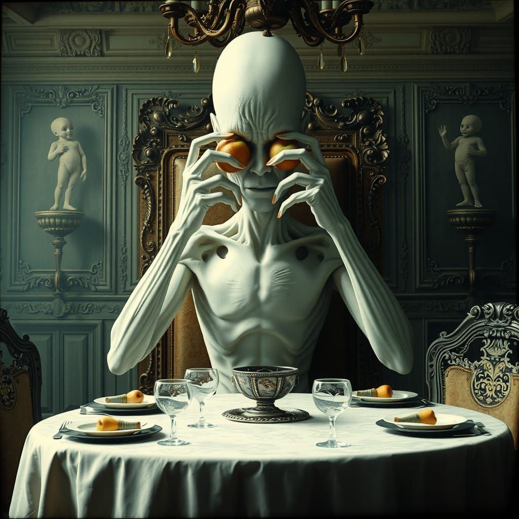 The Pale Man Sits in Opulent Dining Room