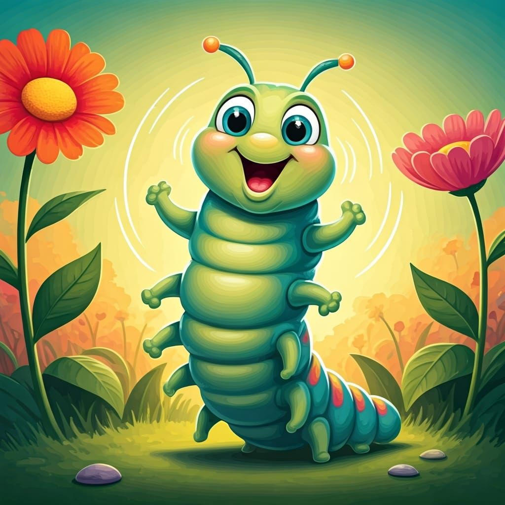 Excited Cartoon Caterpillar in Cheerful Garden Illustration