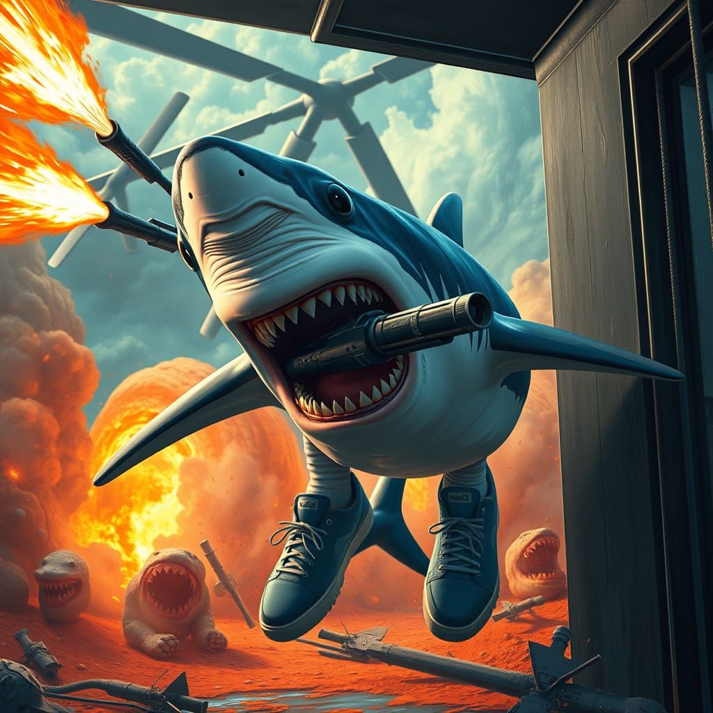 Shark in Blue Sneakers Takes Aim in Futuristic Jailbreak