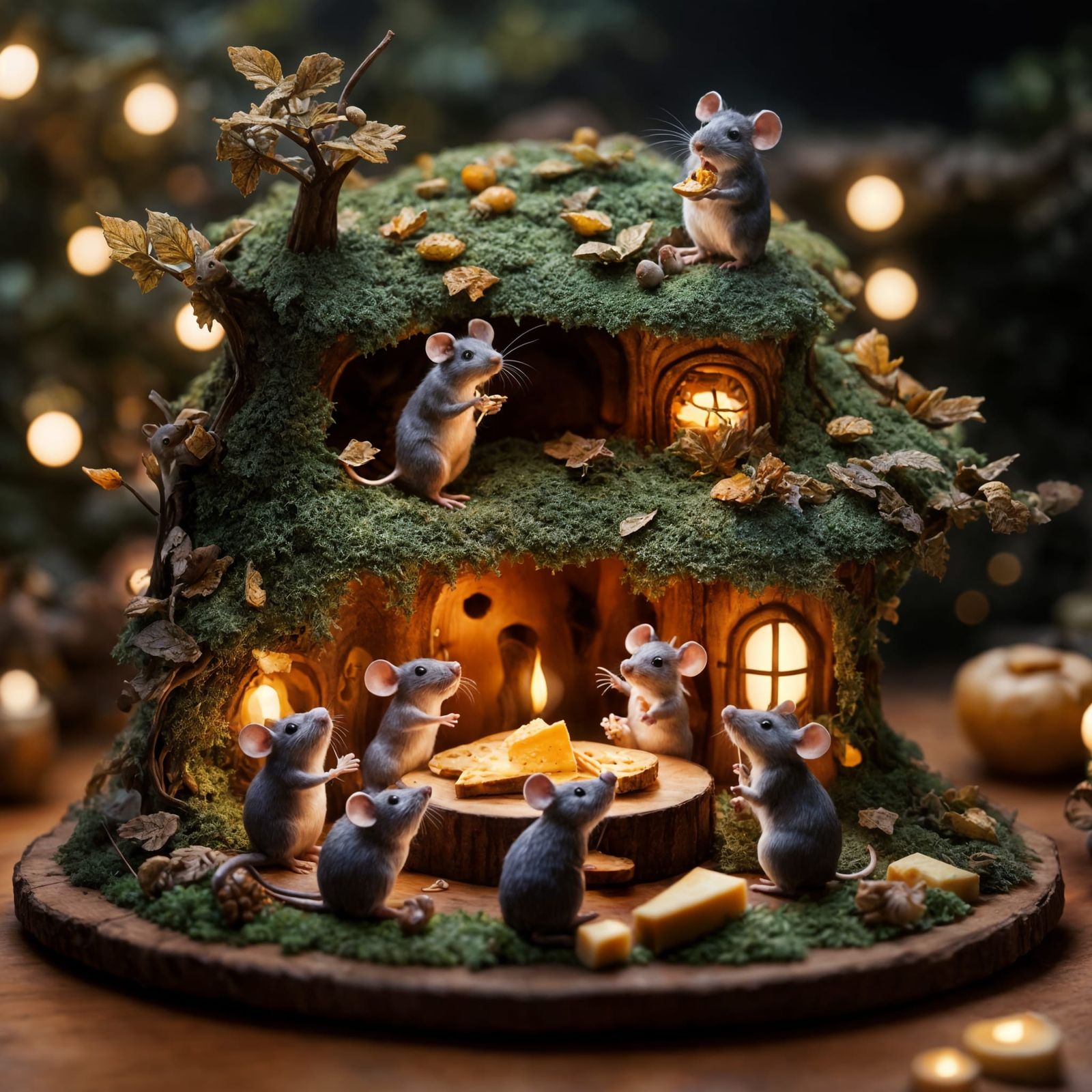 Mice Celebrate Grand Cheese Feast in Whimsical Tree Dining H...