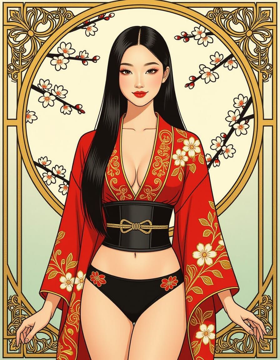 Elegant Art Deco Portrait of Asian Woman in Kimono