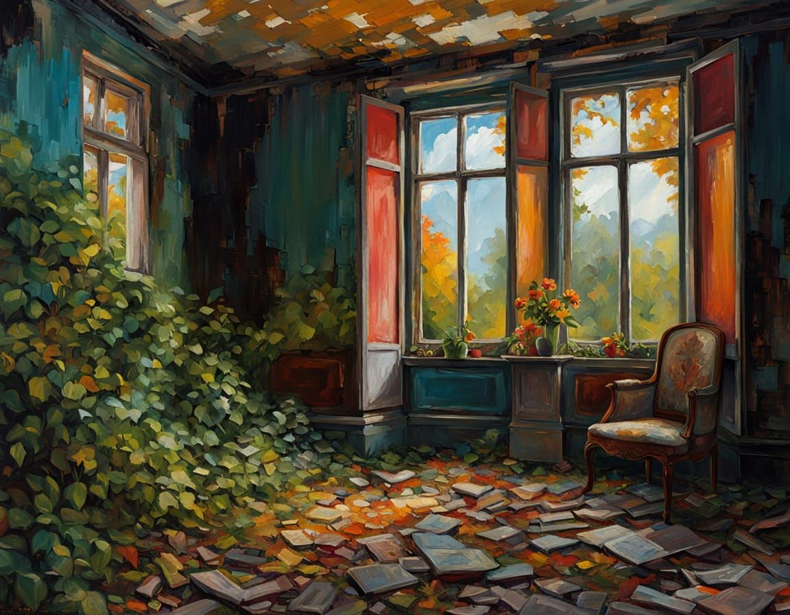 Neo-Impressionist Oil Painting of a Decaying Manor