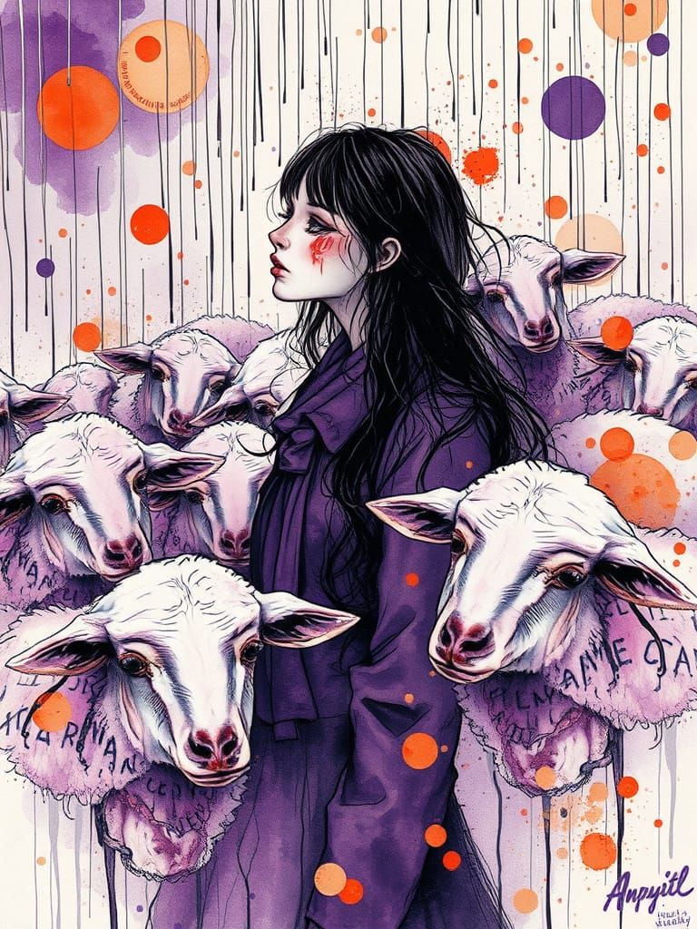 Surreal Woman with Sheep in Watercolor Style