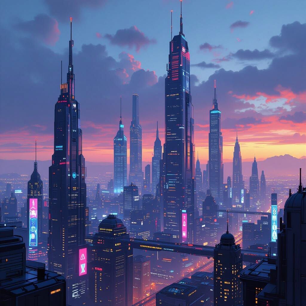 Futuristic Cityscape at Dusk in Cyberpunk Style