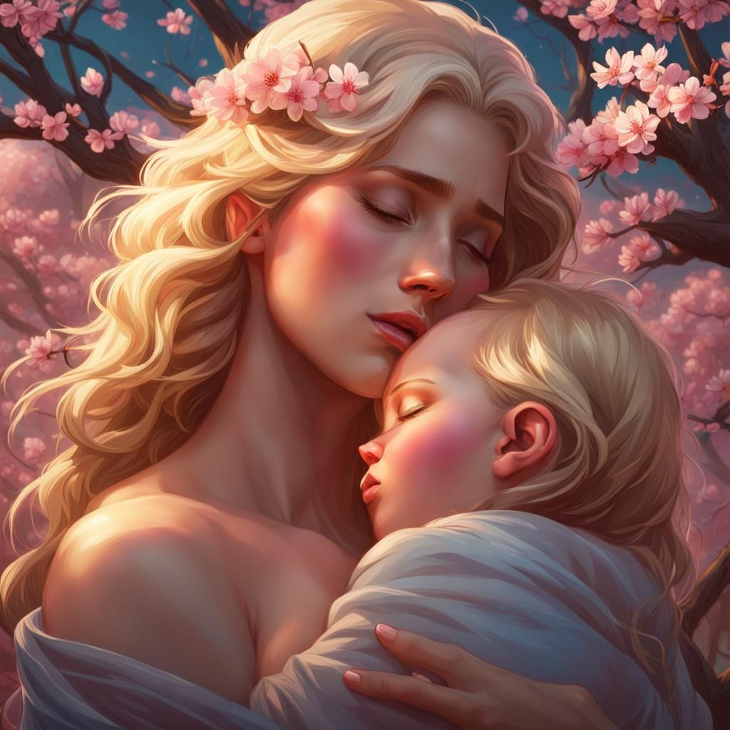 Mother Nature Cradling Baby in Cherry Blossom Grove
